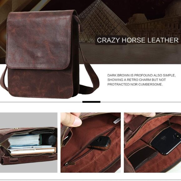 Crossbody Bag for Men Genuine Leather Small Messenger Shoulder Purse Side Vintag - Picture 4 of 13